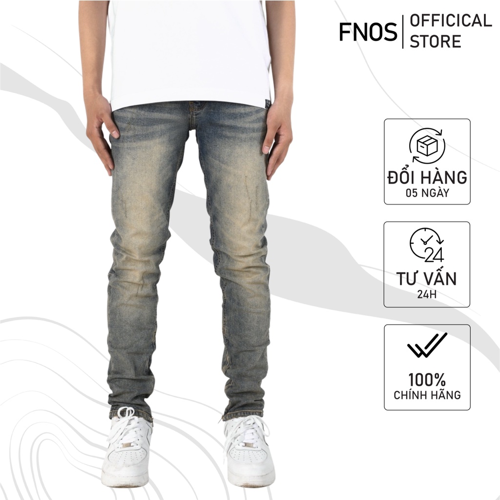 Quần jean nam streetwear cao cấp FNOS Z23 màu xanh wash vintaged form slimfit có zip jean co giãn