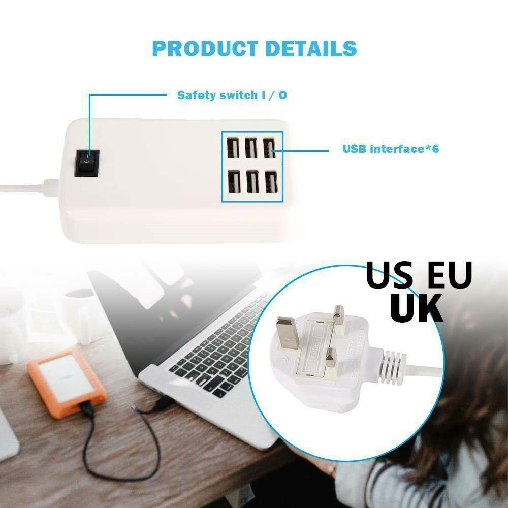 Cốc Sạc Nhanh 6 Cổng USB UK US EU Cho Điện Thoại