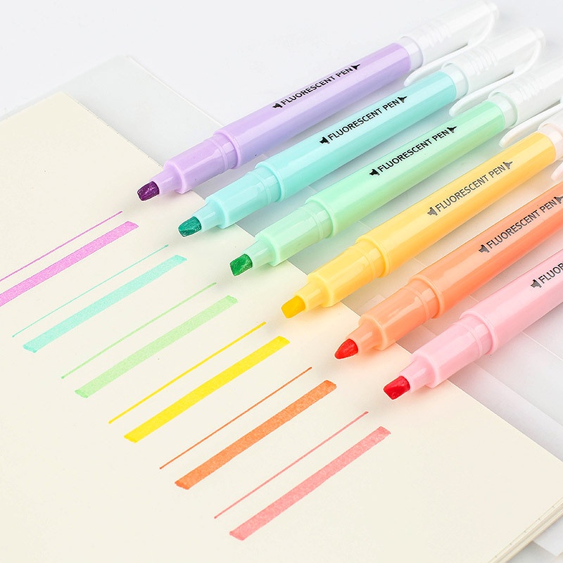 Set 6 bút highlight pastel 2 đầu FLUORESCENT PEN (dupe STABILO) Bukavn