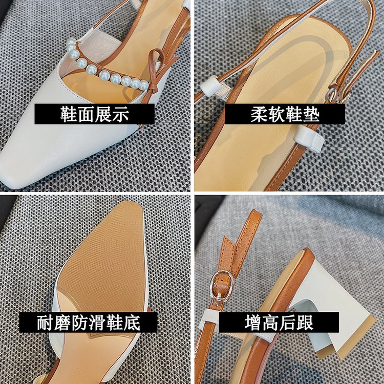 Fashionable Square Head Pearl One Line Buckle High Heel Sandals