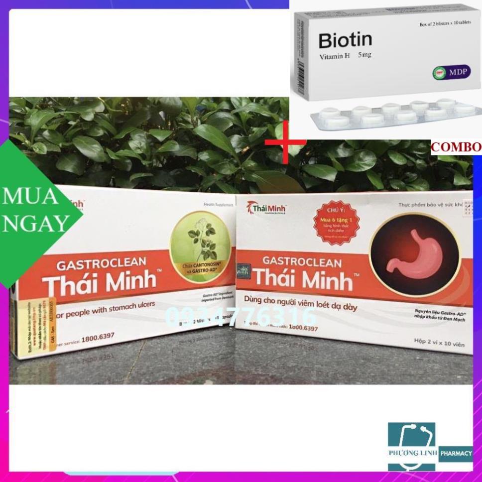Combo Biotin 5mg+ Viên uống Gastroclean Thái Minh hổ trợ cho người bị viêm loét dạ dày, hộp 20 viên