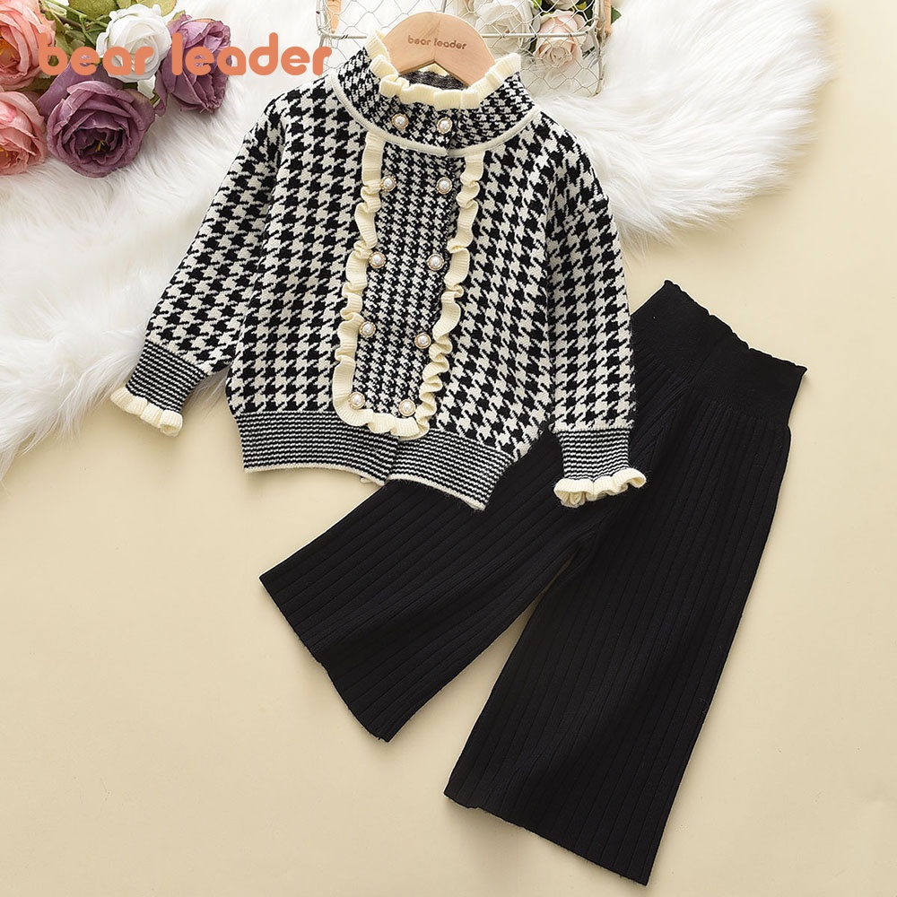 Set đồ 2 mảnh BEAR LEADER gồm áo khoác in họa tiết houndstooth và quần dài dệt kim thời trang cho bé gái 2-6 tuổi