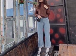 Quần Culottes Jeans Trơn Gập Gấu