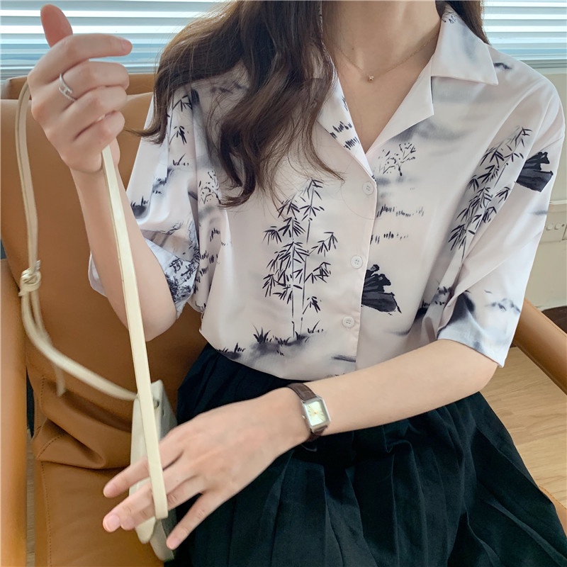 Áo Sơ Mi Tay Ngắn In Họa Tiết retro Thời Trang Cho Nữ