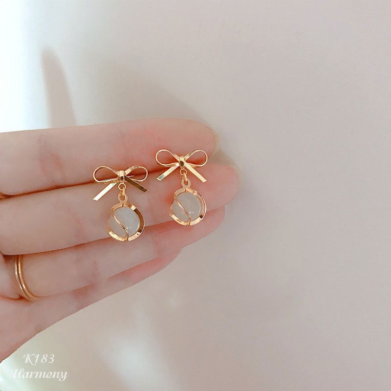 Bông tai, Khuyên tai nữ bạc mạ vàng dáng dài mặt nơ đá mắt mèo xinh xắn, sang chảnh, nữ tính K183| TRANG SỨC BẠC HARMONY
