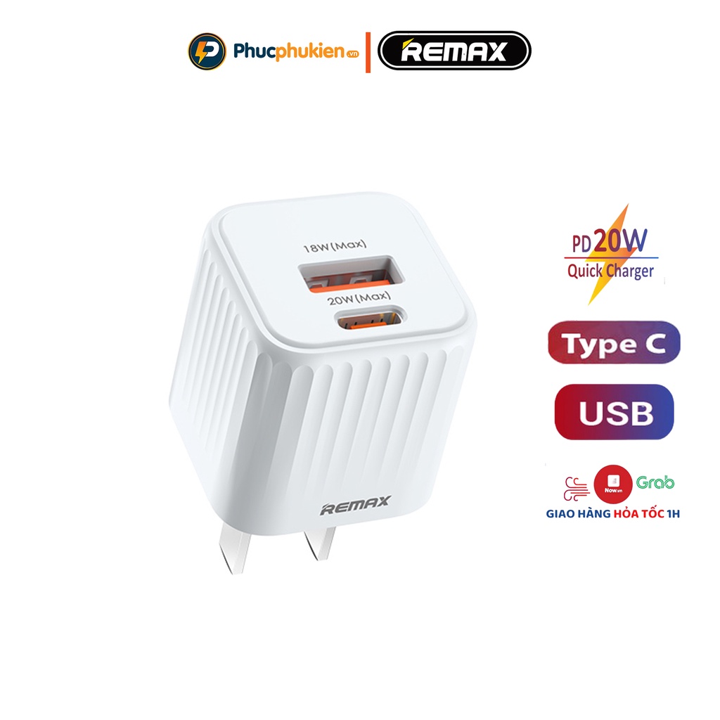 Củ sạc nhanh 20w Remax U2 thiết kế 2 cổng sạc nhanh PD 20w và QC3.0 18w sạc đầy 50% pin trong 30 phút Phúc Phụ Kiện