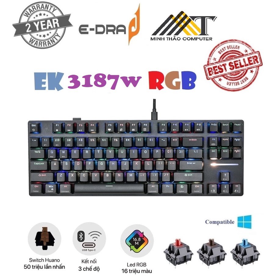 Bàn phím cơ không dây E-Dra EK3187W HUANO  Bluetooth, 2.4, type-C. Hàng chính hãng
