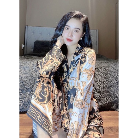 Pijama hàng thiết kế họa tiết Hoàng Gia vải lụa xước ánh kim Tô Châu cao cấp.Ảnh shop chụp thật ở cuối trang nha khách