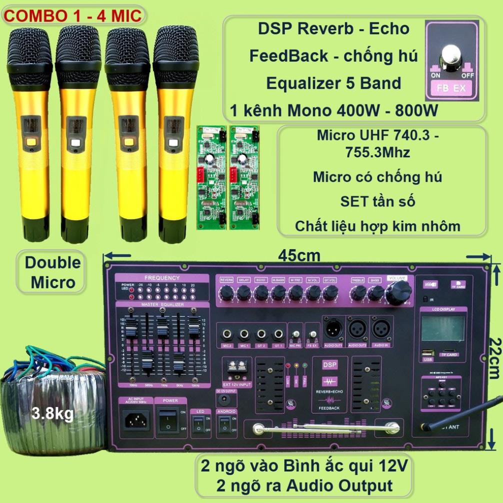 Mạch loa kéo Reverb chống hú 1 kênh Mono 400W – 800W kèm Micro UHF chống hú loa kéo 5 tấc đơn, 6 tấc đơn