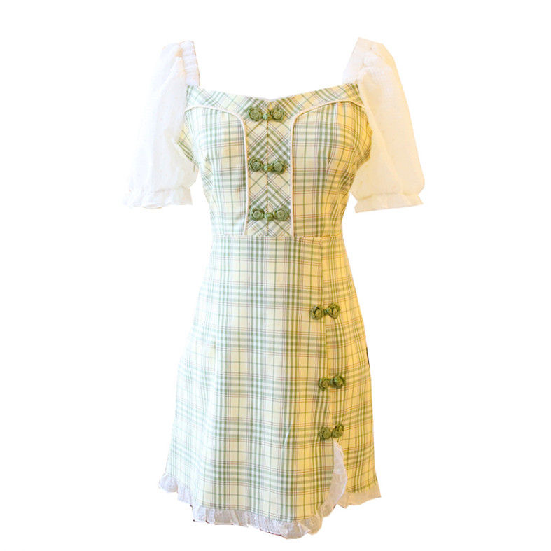 Women Cheongsam Chiffon Stitching Plaid Sweet Small dress | BigBuy360 - bigbuy360.vn