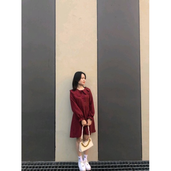 Đầm vintage cổ bèo vải nhung tăm có dây thắt eo điều chỉnh