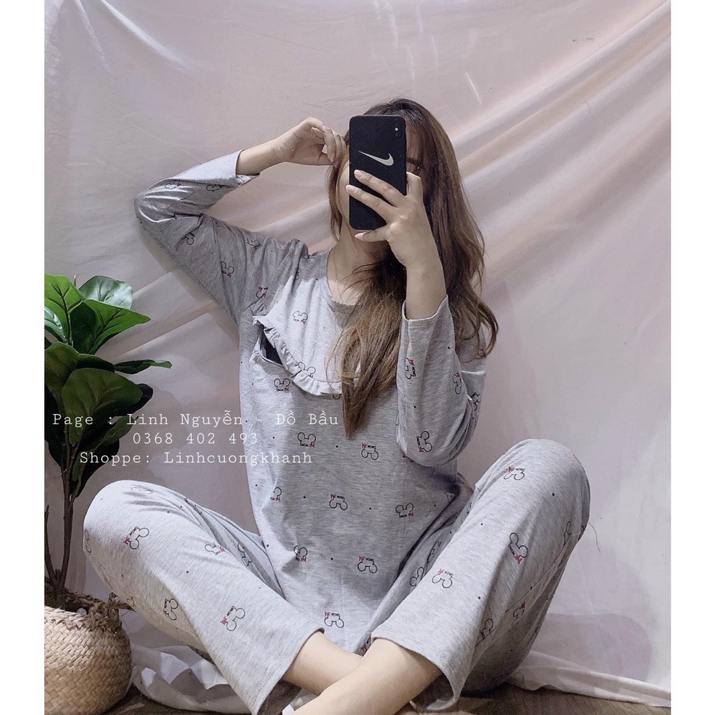 Bộ bầu thiết kế chất đũi Hàn cao cấp☘️thiết kế sang chảnh☘️mặc ở nhà ra ngoài đều được☘️free size 43~65kg
