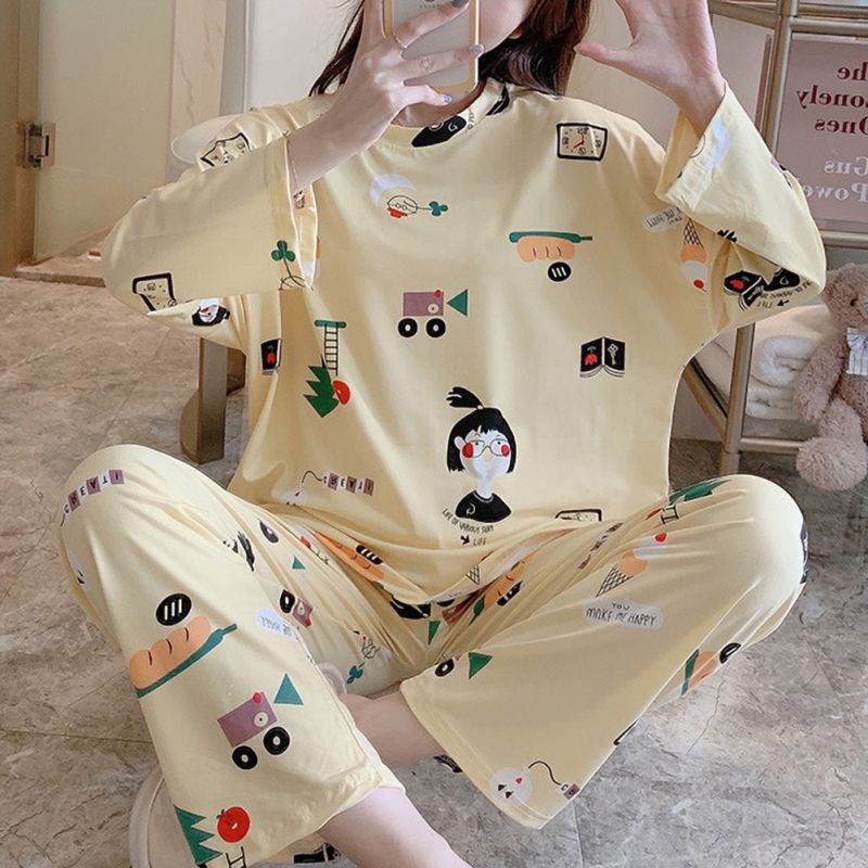 Ladies Casual Loose Cute Cotton Cartoon Print Long Sleeve 2-Piece Set