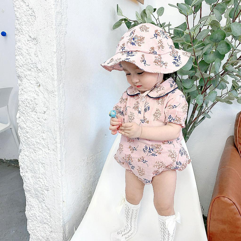 Set Áo Liền Quần Tay Ngắn + Nón Dễ Thương Thời Trang Cho Bé Gái