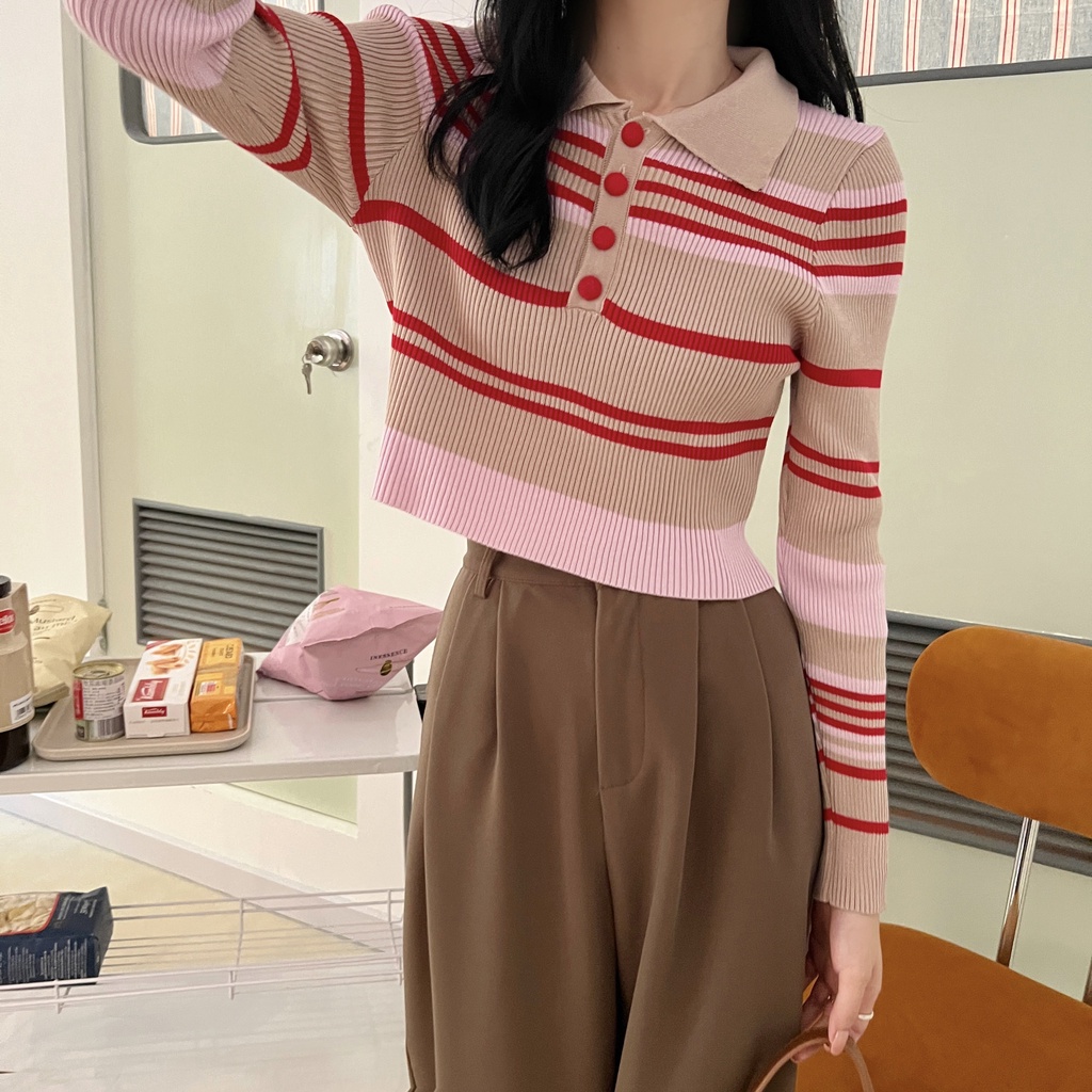 Áo Sweater Dệt Kim Cổ Polo Kẻ Sọc Màu Sắc Tương Phản Thời Trang Mùa Thu Cho Nữ