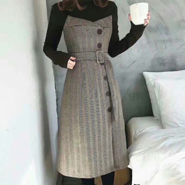 Set váy yếm dạ kèm đai