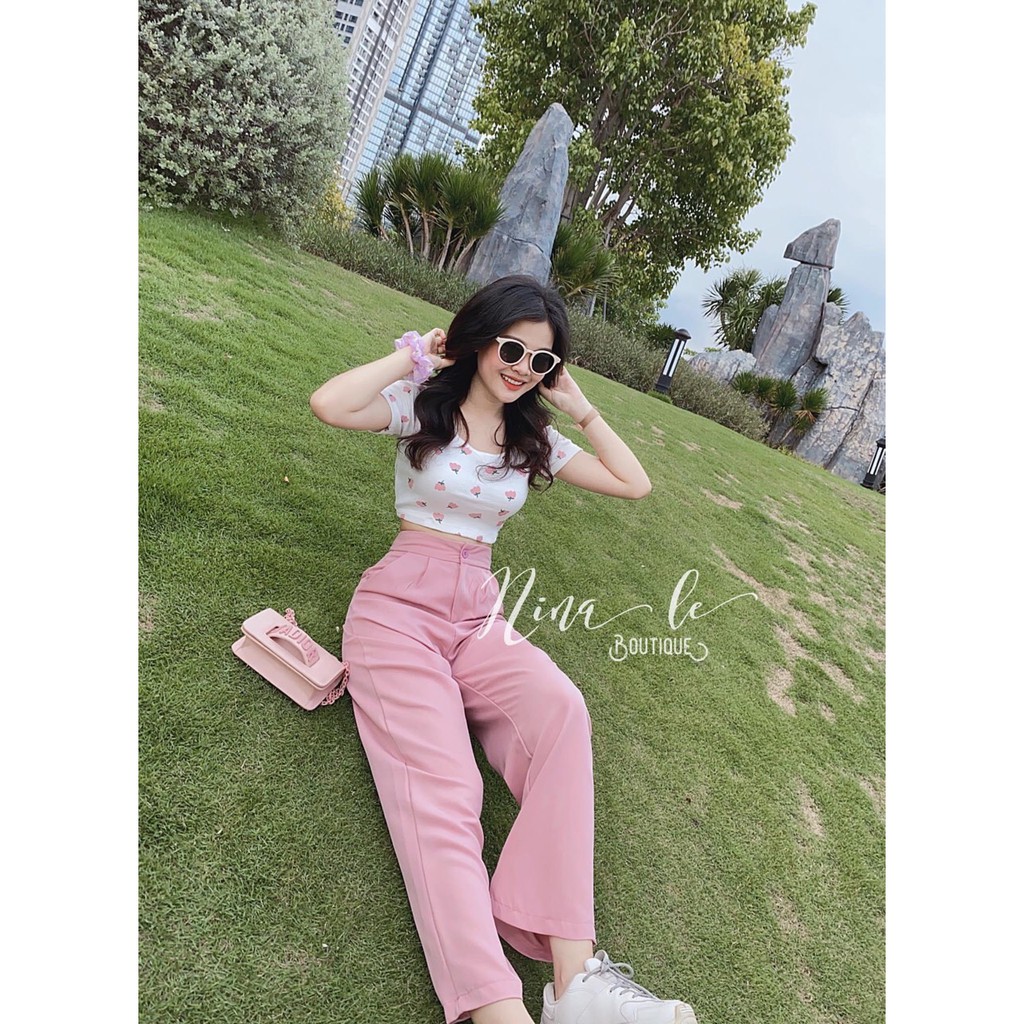 [Ảnh Thật] Áo croptop body ôm cổ tròn in Hoacực xinh cho các bạn nữ