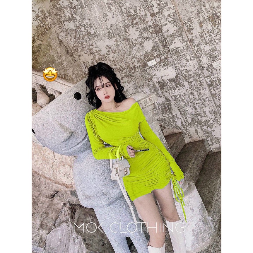 đầm body tay dài lệch vai rút dây vai rút dây sườn chất gân