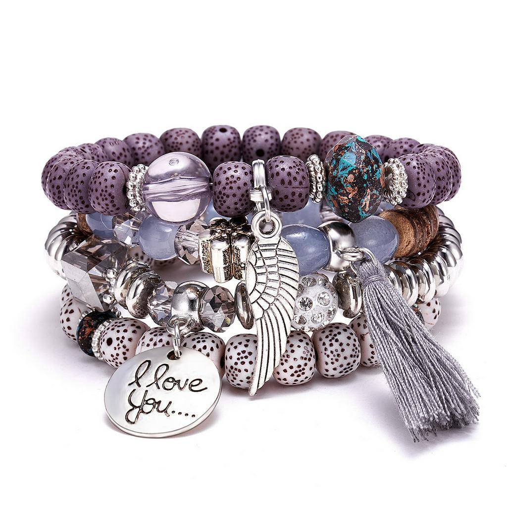 Set 4 vòng đeo tay Gmai chuỗi hạt đá mặt in I LOVE YOU thời trang cho nam
