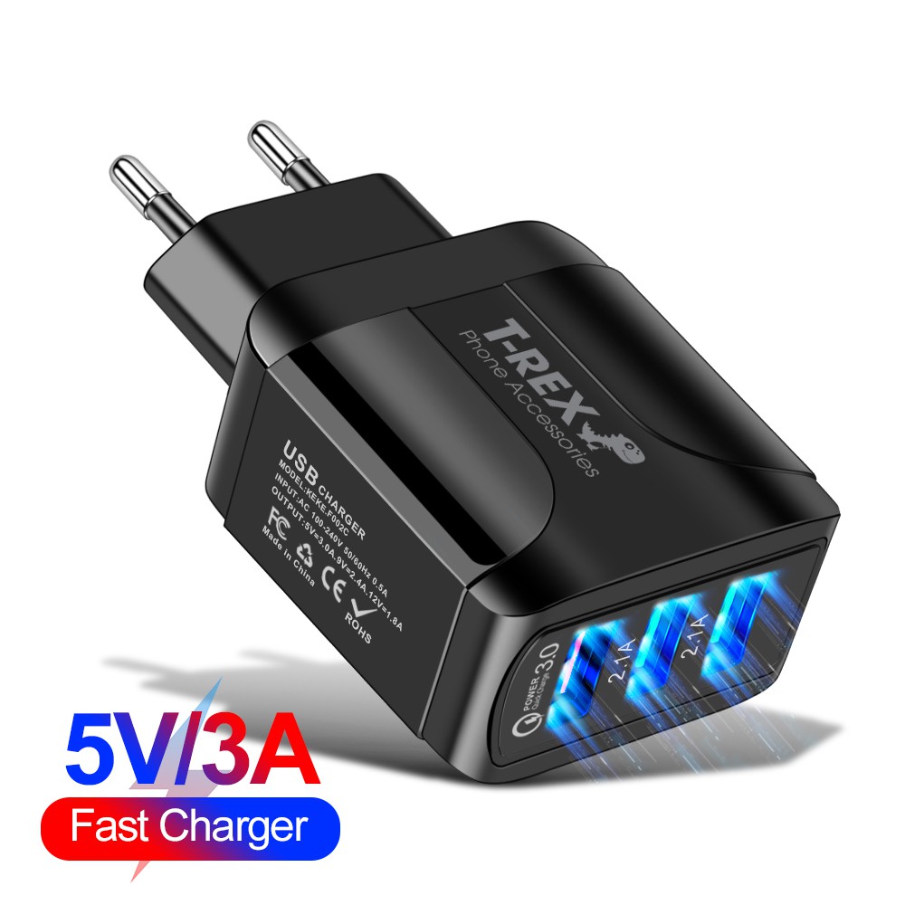 Củ Sạc Điện Thoại LED T-REX 3 Đầu USB, Sạc Nhanh QC3.0 Cánh Bướm Cao Cấp Dùng Cho Thiết Bị Iphone/ Samsung/ Android