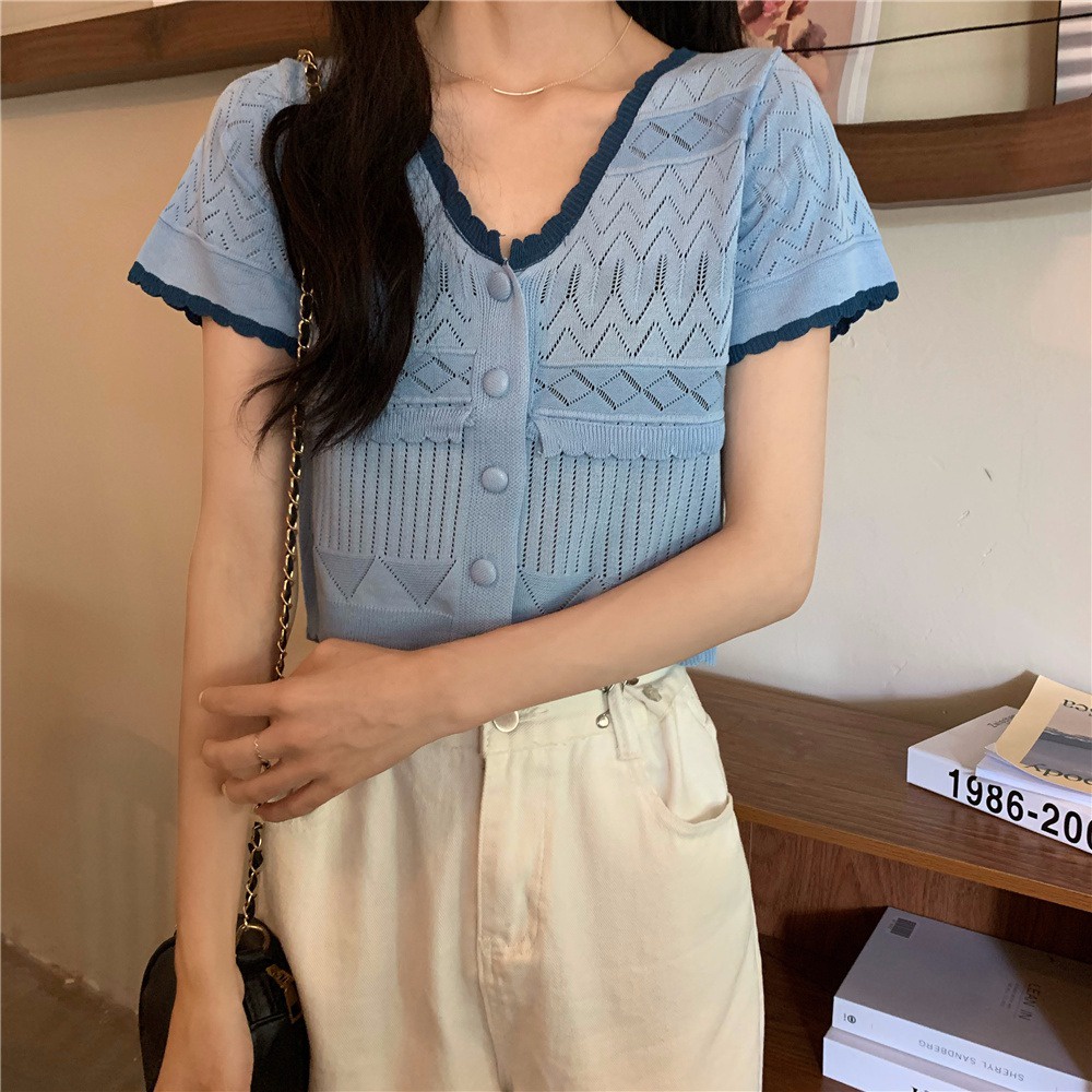 Áo lửng dệt kim ZHELIHANGFEI tay ngắn cổ chữ V thời trang dễ thương dành cho nữ
