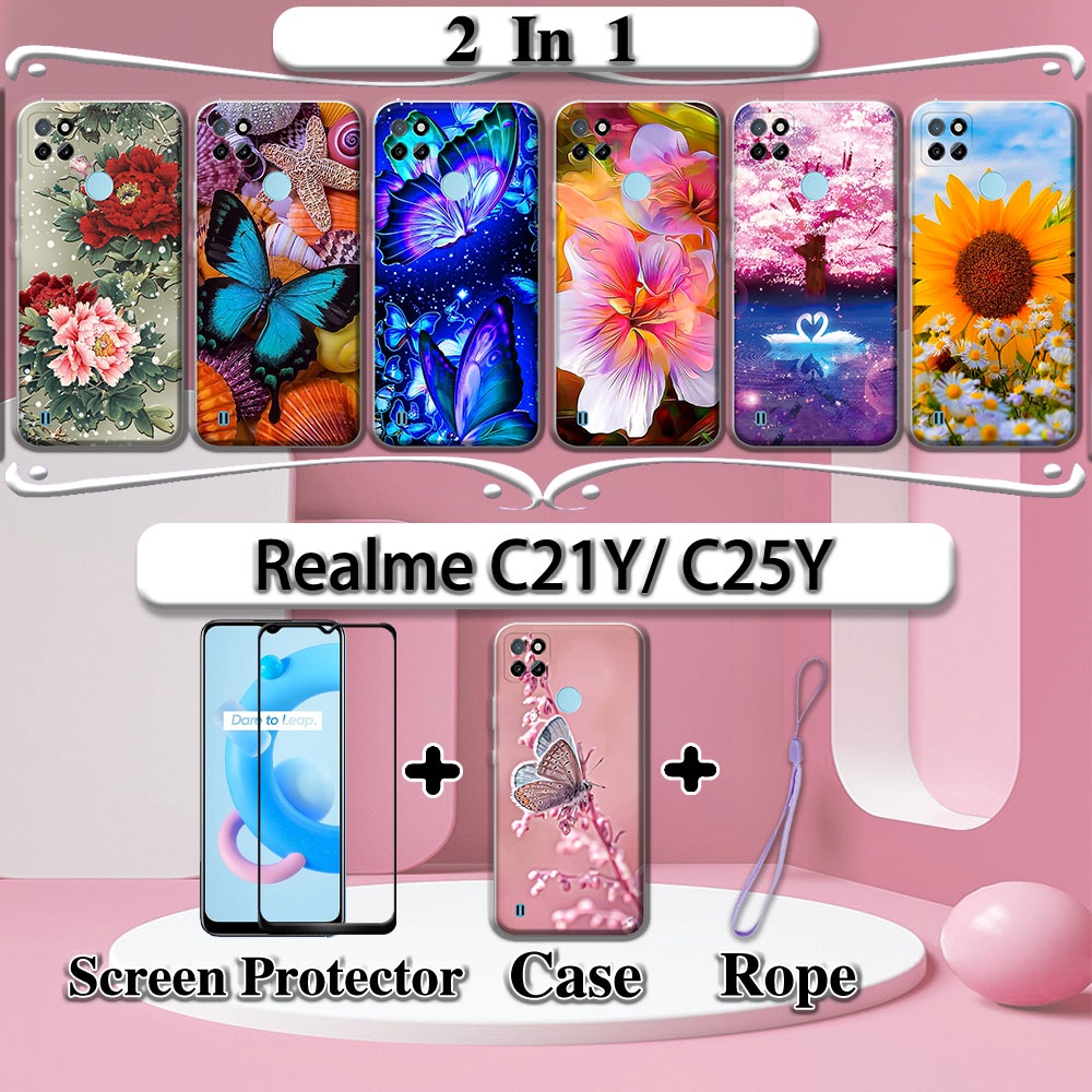 Ốp Lưng Điện Thoại Mặt Kính Cường Lực Bo Cong 2 Trong 1 Cho Realme C21Y C25Y