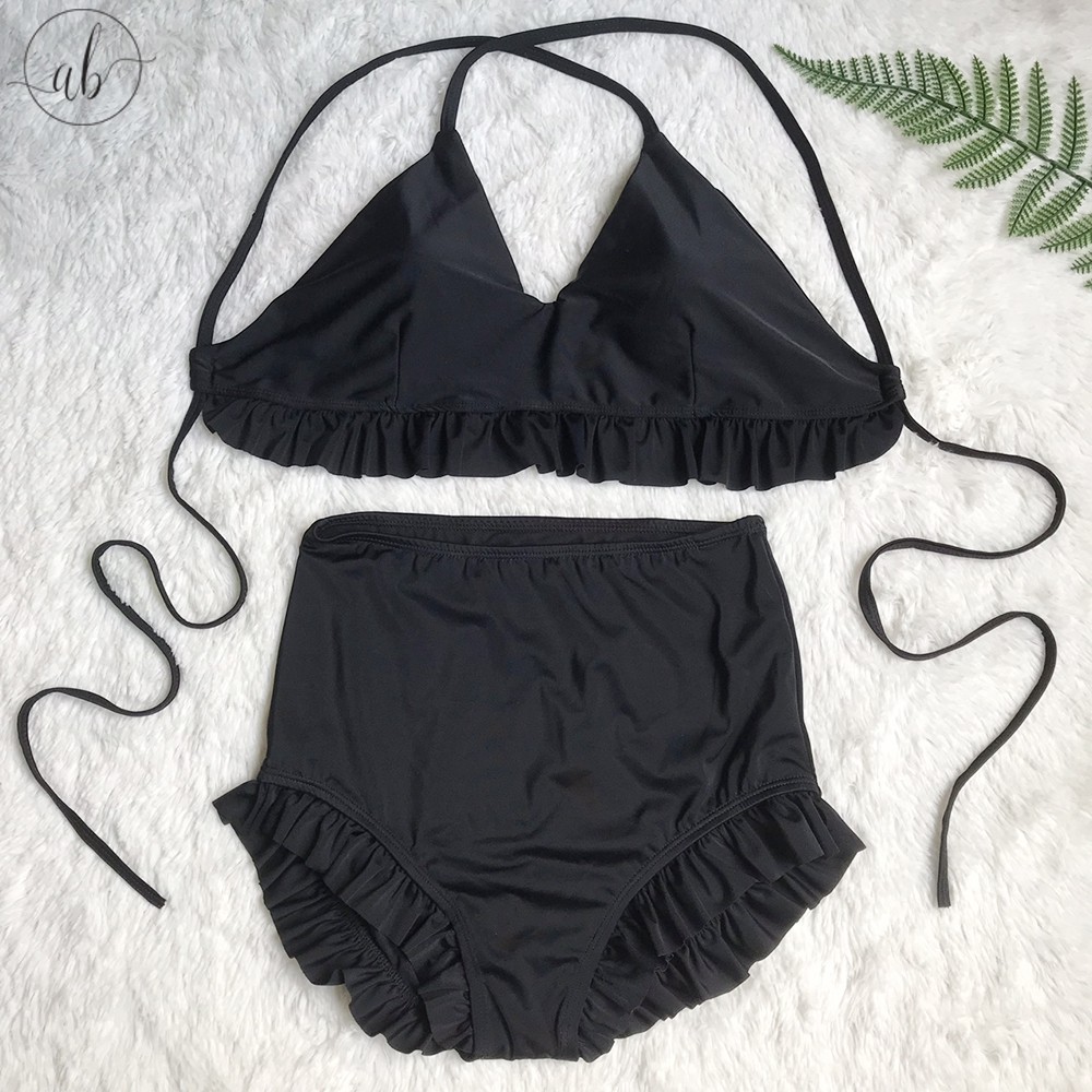 Bikini 2 mảnh quần cạp cao, áo nhún bèo Freesize (40-60kg)