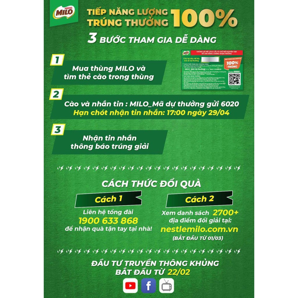 [MILO VÀNG] Thúng 48 hộp thức uống lúa mạch Nestlé MILO ít đường 180ml