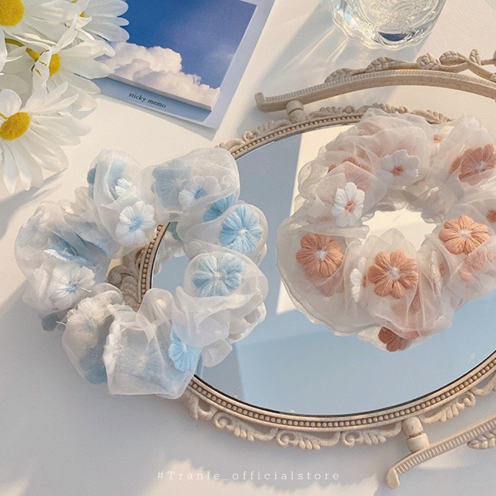 Buộc tóc scrunchies cao cấp hoạt tiết phối hoa
