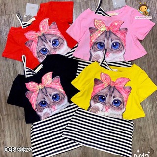 Set áo mèo kim sa kèm váy kẻ sọc cho bé gái