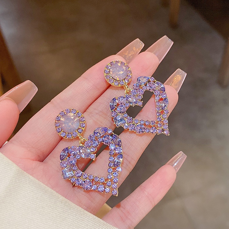 Khuyên Tai Hình Trái Tim Đính Đá Pha Lê Tím Sang Trọng Phong Cách Thời Trang Phổ Biến