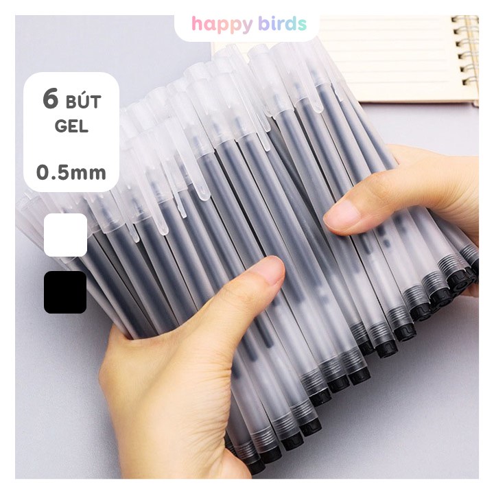 Bút gel 0.5 mm set 6 bút vỏ nhám trơn bút bi nước mực đen hai màu vỏ đen trắng bút viết ruột trơn mau khô HappyBirds
