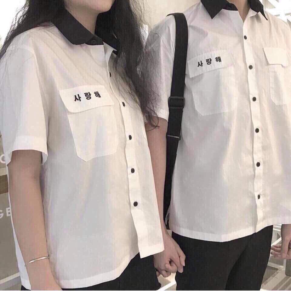 ÁO SƠ MI NAM NỮ THỜI TRANG CAO CẤP THÊU CHỮ HÀN QUỐC "ANH YÊU EM"