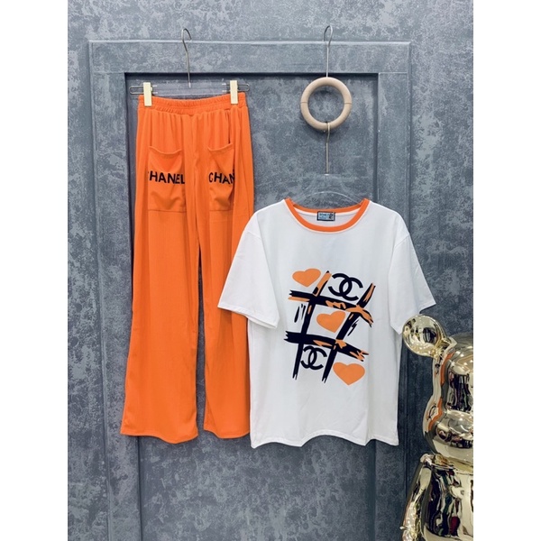 set quần suông phối túi áo thun cotton trái tim