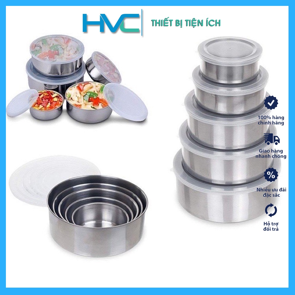 Bộ 5 bát inox cao cấp , bộ thố lạnh bảo quản thực phẩm kèm nắp đậy đựng đồ ăn tiện lợi