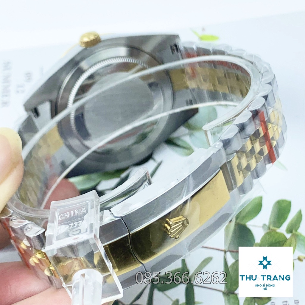 Đồng hồ nam Rolex cơ Automatic máy Nhật mẫu đen viền vàng dây demi cọc số DẠ QUANG- ĐÍNH ĐÁ size 39-40mm