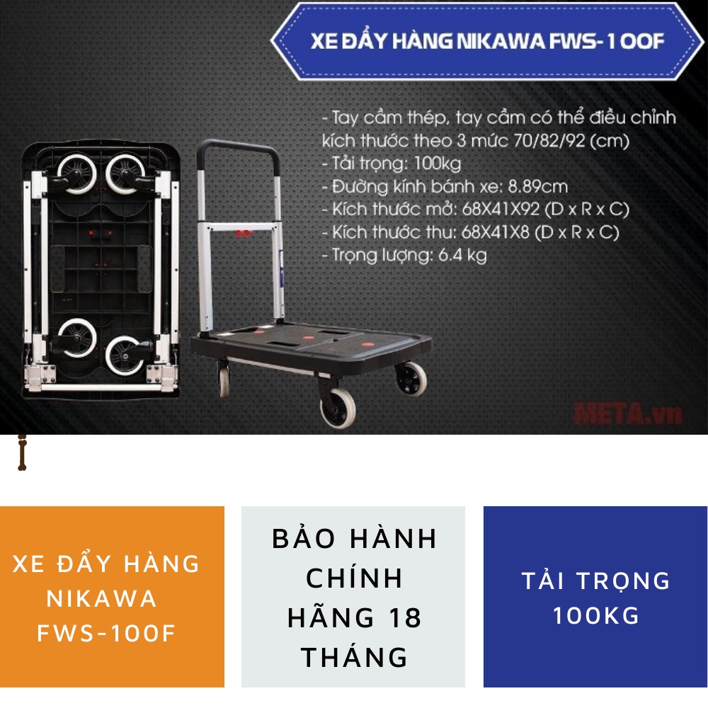 Xe đẩy hàng 4 bánh cao su chống ồn sàn nhựa tay cầm thép có thể thay đổi kích thước Nikawa FWS-100F 100kg hỏa tốc HN