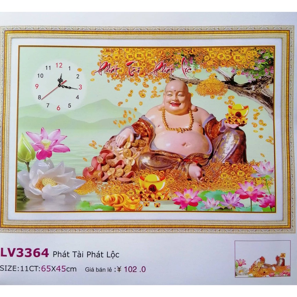 Tranh thêu chữ thập đồng hồ Phật di lặc LV3364