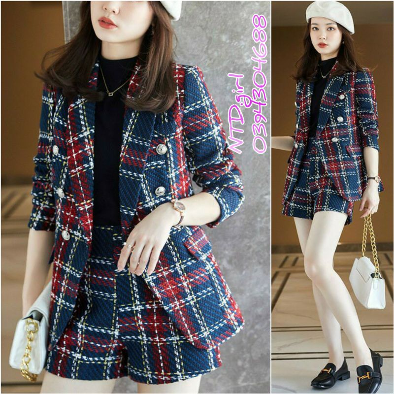 Hàng nhập - Set bộ vest nữ short dạ tweet kẻ caro, sét đồ thời trang quần áo blazer ngắn sang trọng