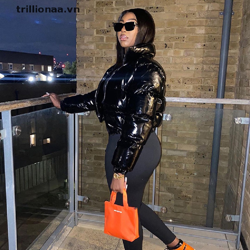 Trillionaa Áo Khoác Phao Da PU Màu Hồng Bóng Ấm Áp Dễ Thương Có Khóa Kéo Thời Trang Mùa Đông Cho Nữ