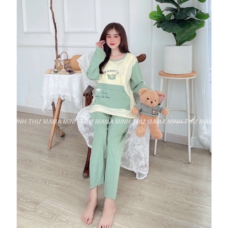 Bộ đồ bầu và sau sinh thu đông dài tay mặc nhà chất Cotton thời trang thiết kế cao cấp bdcottondai0987