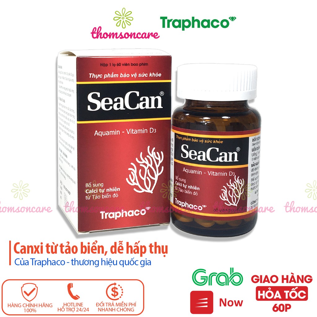 Seacan Bổ sung canxi hữu cơ từ tảo biển và vitamin D3 Magie của Traphaco, giảm loãng xương, tăng chiều cao Lọ 60v