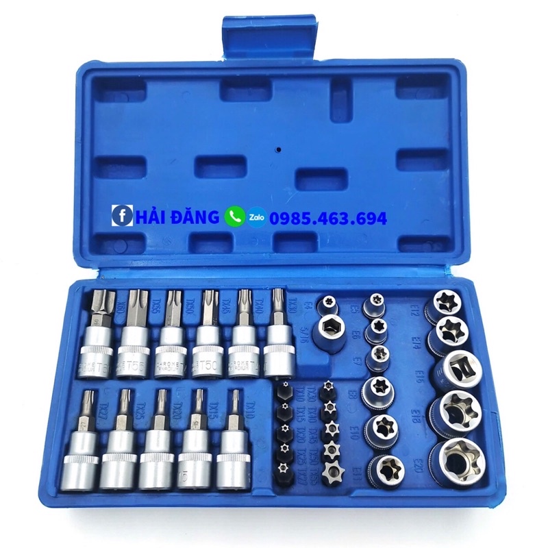Bộ khẩu E và T 34 chi tiết chuyên vặn các chi tiết khó, ốc chìm, dạng sao, hoa thị