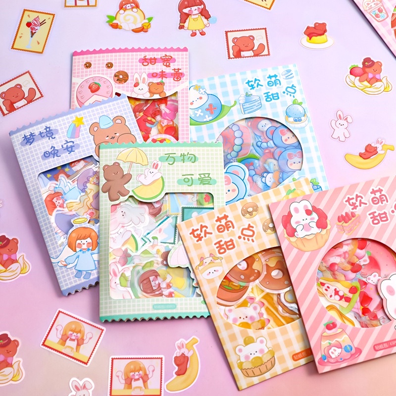 Set 45 miếng dán sticker cute hoạ tiết hoạt hình gấu nâu và thỏ Tiệm Ốc Sột-ST003