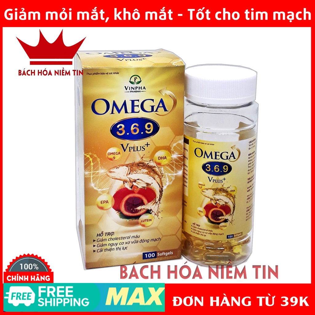 Viên uống Omega 3 6 9 VPlus Hộp 100 viên - thành phần dầu cá, dầu gấc, dầu hoa anh thảo giúp giảm xơ vữa động mạch