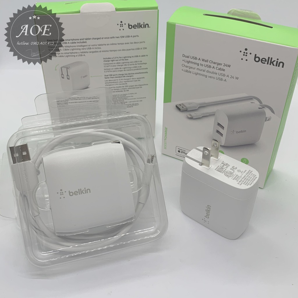 [CHÍNH HÃNG] CỦ +CÁP SẠC BELKIN USA 2 CỔNG 24W CHUẨN MFI