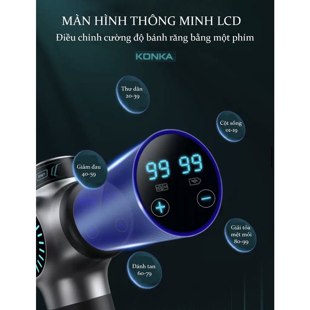 Máy massage cầm tay KONKA F2 8 đầu 99 cấp độ trị đau nhức toàn thân hiệu quả, súng massage kèm 8 đầu mát xa chuyên sâu