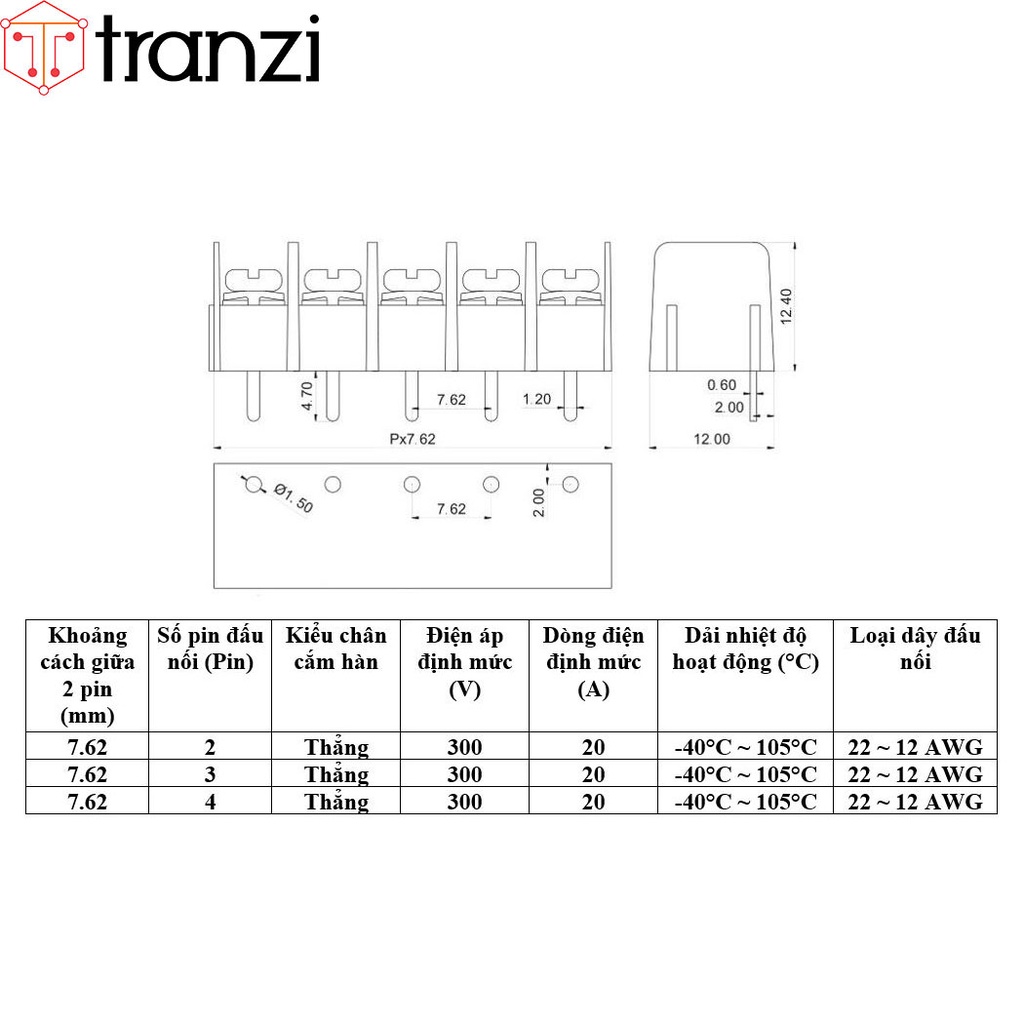 Cầu đấu 7.62mm KF762 7.62 4P chân cắm thẳng xanh - túi 10 cái