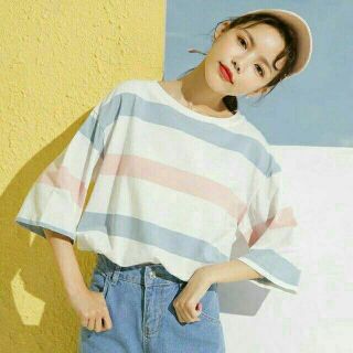 GIÁ SIÊU RẺ ÁO PHÔNG TAY LỠ GAM MÀU PASTEL SỌC NGANG FORM OVERSIZE THUN COTTON LOẠI MỘT