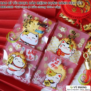BAO BÌ TÚI NHỰA DÁN MIỆNG 7x7cm ĐỰNG BÁNH KẸO TẾT QUÀ TẶNG XUÂN NĂM MỚI IN HÌNH MÈO CHIÊU TÀI BBK-0088